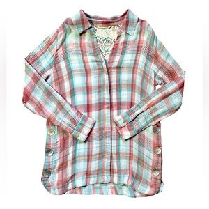 Soft Surroundings Plaid Button Front Crochet Back Top Size M